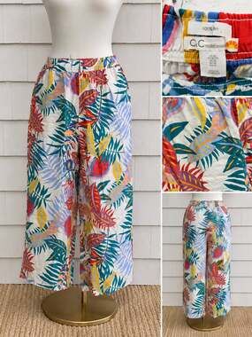 CKC California 100% Linen Tropical Print Wide Leg Pants XL Colorful Beach Resort